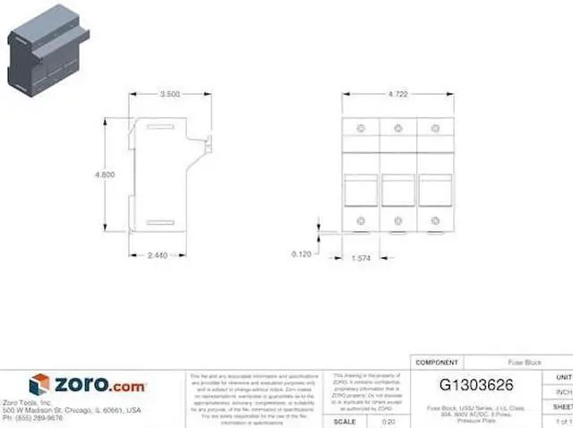 Alt view image 2 of 3 - MERSEN US3J3I Finger Safe Fuse Block, 0 to 30A Amp Range, 600V AC/DC Volt