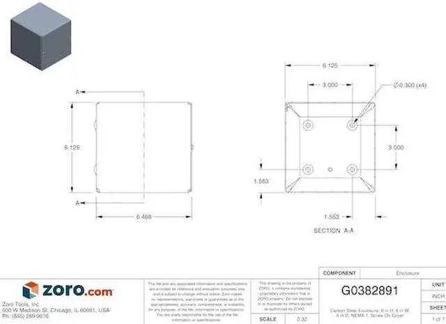 Alt view image 3 of 3 - WIEGMANN SC060606NK NEMA 1 6.0 in H x 6.0 in W x 6.0 in D Wall Mount Enclosure
