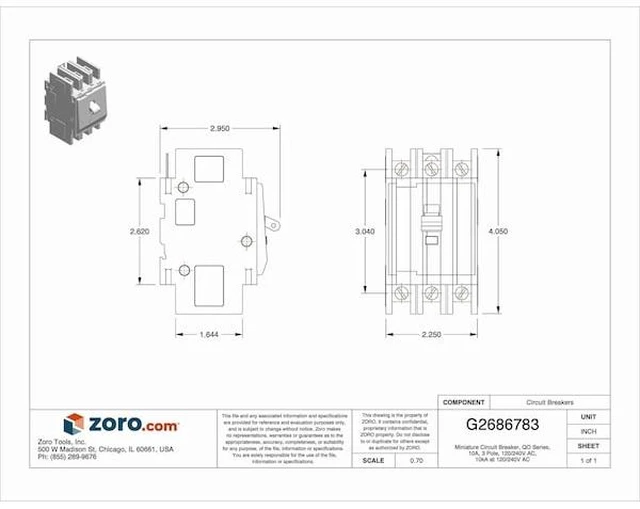 Alt view image 3 of 3 - SQUARE D QOU310 Miniature Circuit Breaker, QO Series, 10A, 3 Pole, 120/240V AC,