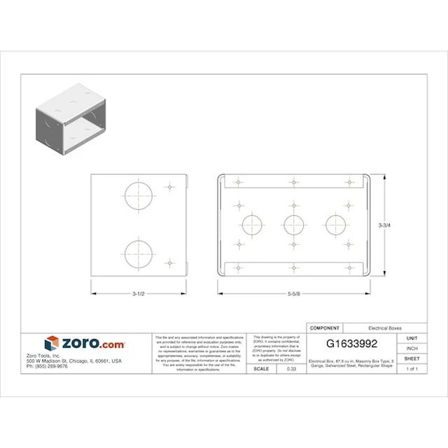 Alt view image 4 of 4 - RACO 697 Electrical Box, 67.3 cu in, Masonry Box Type, 3 Gangs, Galvanized