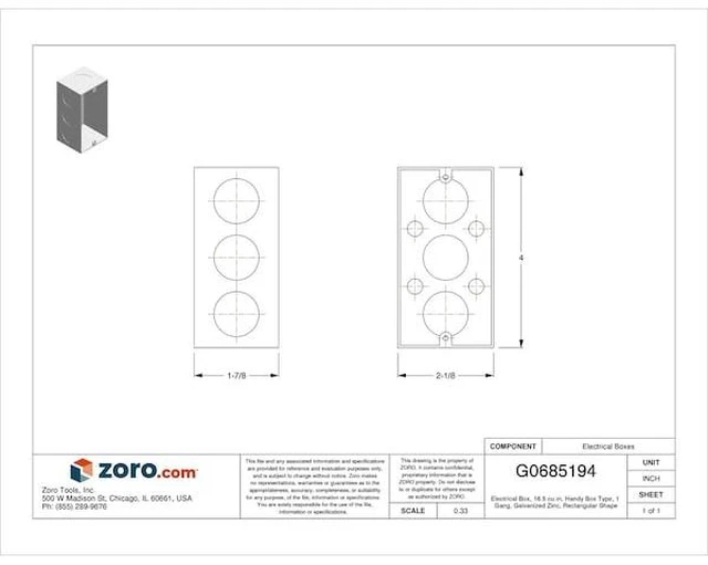 Alt view image 2 of 2 - RACO 670RAC Electrical Box, 16.5 cu in, Handy Box Type, 1 Gang, Galvanized