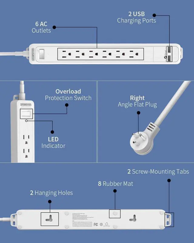 Alt view image 7 of 7 - 6 Outlets Surge Protector Power Strip with 2 USB Ports, 1875W Flat Plug Power Strip, 5ft Heavy-Duty Extension Cord, desktop charging station, Wall Mount for Home Office Theater Workshop, Black, 1080 J