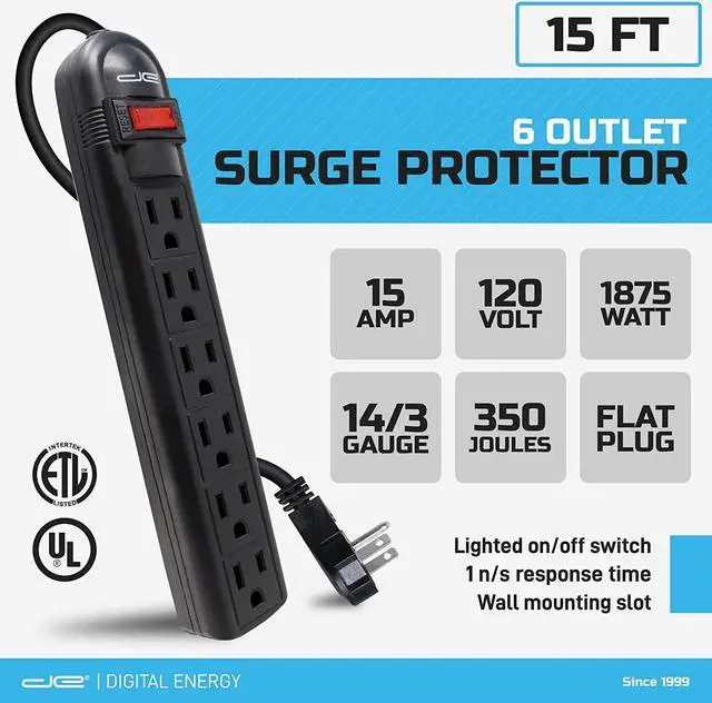 Alt view image 2 of 6 - Digital Energy 6-Outlet Surge Protector Power Strip with 15 Foot Long Extension Cord, Black, Flat Plug, ETL Listed/UL Standard