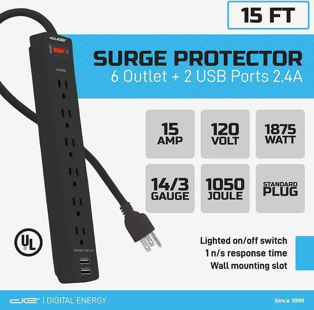 Alt view image 3 of 3 - Digital Energy 6-Outlet + 2 USB 1050 Joule Surge Protector Power Strip with 15-Ft Long Extension Cord, Black, UL Listed