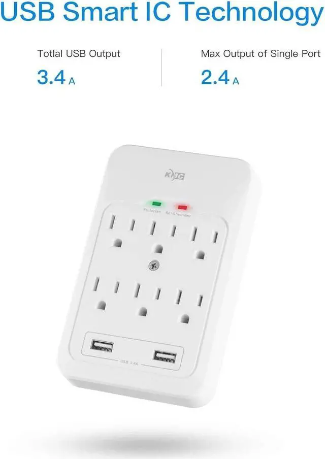 Alt view image 2 of 7 - KMC 6-Outlet Surge Tap, 2 USB Ports (3.4A), 980 Joules Surge Protector, White (2 Pack)