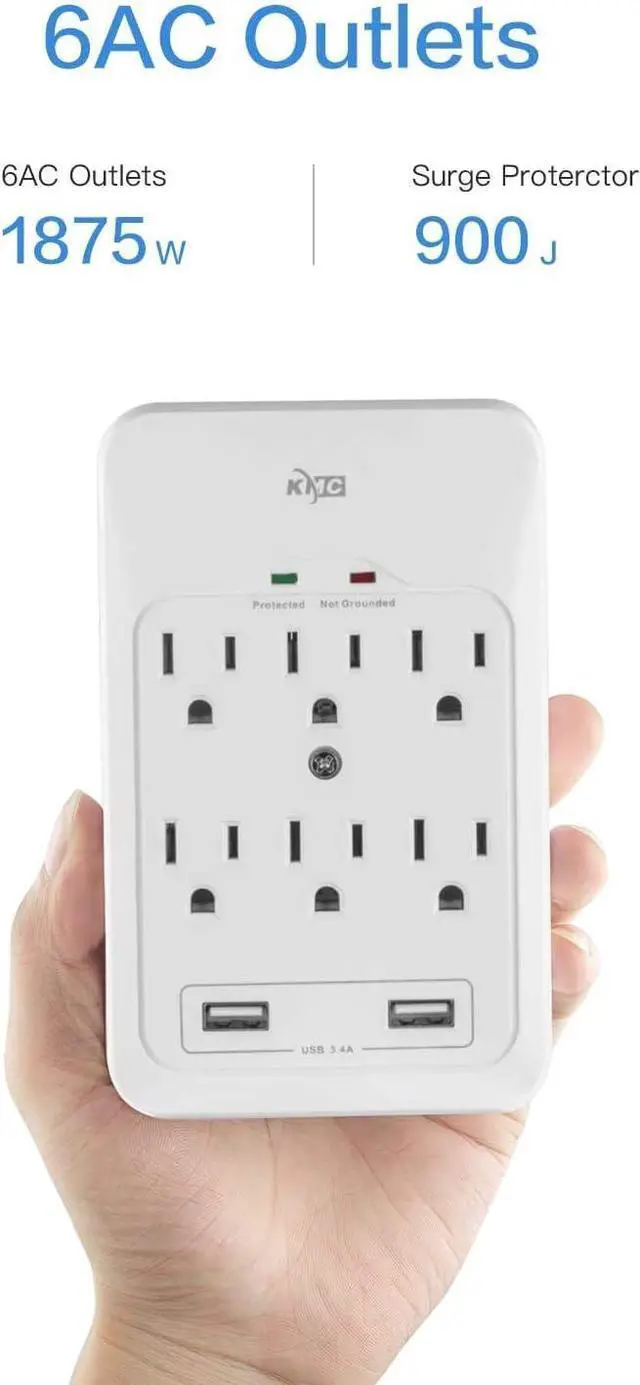 Alt view image 4 of 7 - KMC 6-Outlet Surge Tap, 2 USB Ports (3.4A), 980 Joules Surge Protector, White (2 Pack)