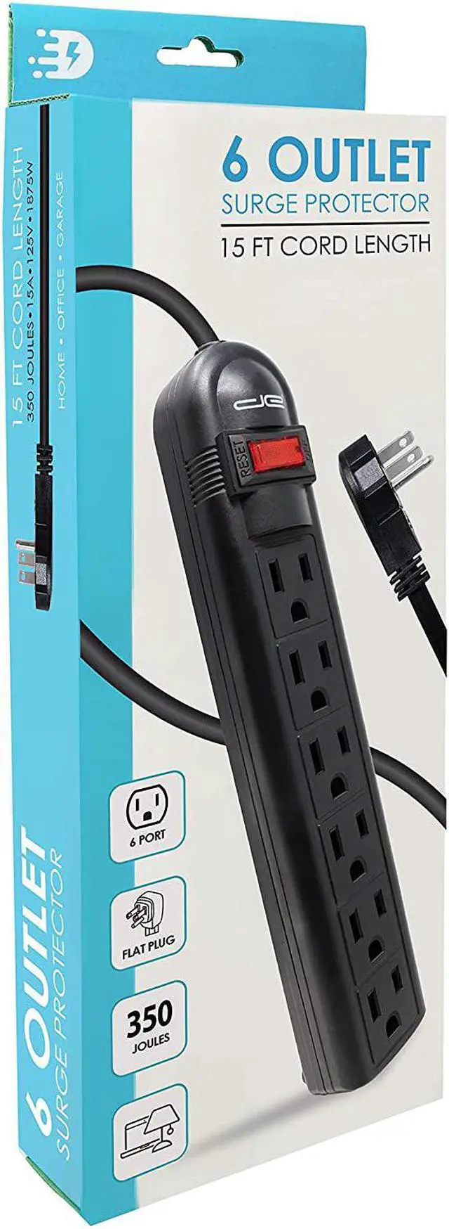 Alt view image 3 of 6 - Digital Energy 6-Outlet Surge Protector Power Strip with 15 Foot Long Extension Cord, Black, Flat Plug, ETL Listed/UL Standard