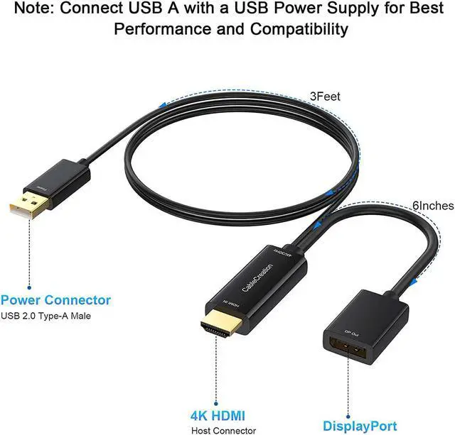 Alt view image 2 of 7 - HDMI to DisplayPort Converter with USB Power, CableCreation 4K x 2K@30Hz HDMI Male to DP Female Adapter/Converter for Xbox One, Compliant with VESA Dual-Mode DisplayPort 1.2, HDMI 1.4