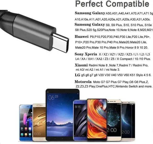 Alt view image 6 of 7 - USB C Cable A [2-Pack 6ft Black] Fast Type C Charging Cord Nylon Braided Charger Cable Compatible with Samsung Galaxy S22 S20 Fe/S10/S9/S8+/A20/A50/A70, Lg Velvet/ G8/Stylo 6, Moto G8 and More
