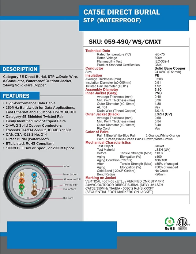 Alt view image 2 of 3 - Vertical Cable CAT5E, Shielded Dual Jacket, Direct Burial, 1000ft, Black, Bulk Ethernet Cable, Wooden Spool