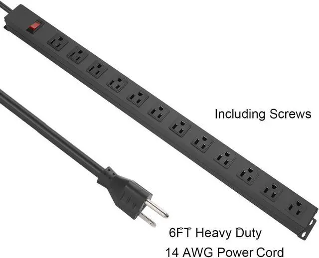 Alt view image 4 of 7 - Metal Wall Mount Power Strip, Mountable Power Outlet with 12 AC Outlets, Aluminum Alloy Mount Power Socket with Switch, 6 FT SJT 3/C 14AWG Power Cord, 15A 125V 1875W (12AC) Black