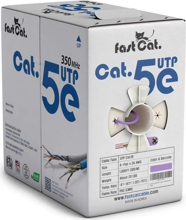 Main image of fast Cat. Cat5e Ethernet Cable 1000ft - 24 AWG, CMR, Insulated Bare Copper Wire Cat 5 ethernet Cable with FastReel - 350MHZ / Gigabit Speed UTP Cable Cat5e - CMR (Purple)