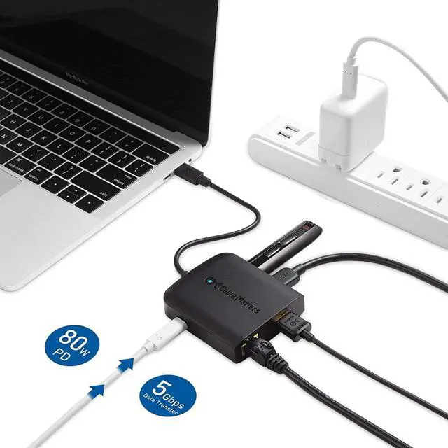 Alt view image 4 of 7 - Cable Matters USB C Hub with HDMI 4K, 80W Charging, Gigabit Ethernet, and 3X USB in Black - USB-C and Thunderbolt 4 / USB4 / Thunderbolt 3 Port Compatible with Surface Pro, MacBook Pro, Dell XPS