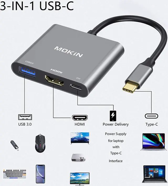 Alt view image 2 of 7 - MOKiN USB C to HDMI Multiport Adapter, Type-C Hub Thunderbolt 3 to HDMI 4K Output USB 3.0 Port and USB-C Charging Port, Digital AV Adapter for MacBook Pro/air, Galaxy S8/S9