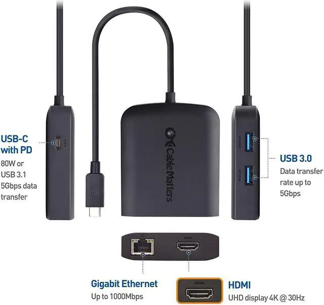 Alt view image 2 of 7 - Cable Matters USB C Hub with HDMI 4K, 80W Charging, Gigabit Ethernet, and 3X USB in Black - USB-C and Thunderbolt 4 / USB4 / Thunderbolt 3 Port Compatible with Surface Pro, MacBook Pro, Dell XPS