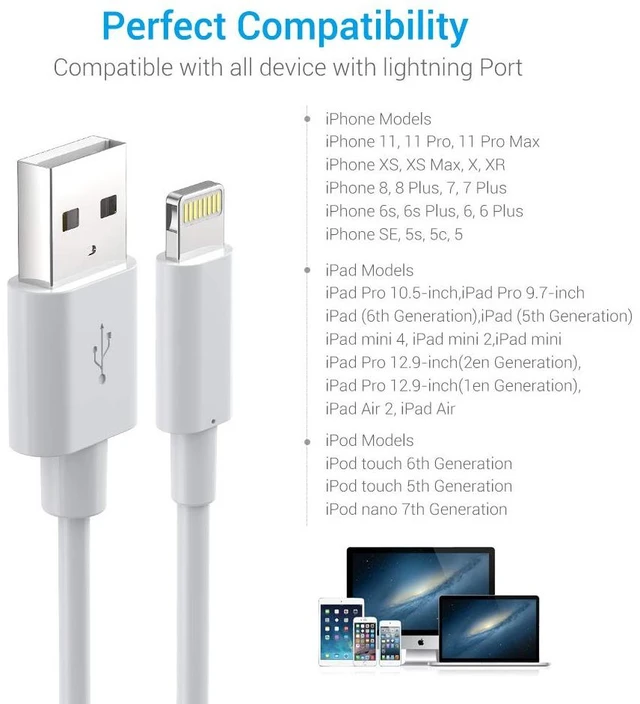 Alt view image 6 of 6 - Lightning Cable MFi Certified - iPhone Charger 3Pack 6FT Lightning to USB A Charging Cable Cord Compatible with iPhone 14 13 12 Mini Pro Max SE 11 Xs Max XR X 8 7 6 Plus 5S iPad Pro Airpods - White