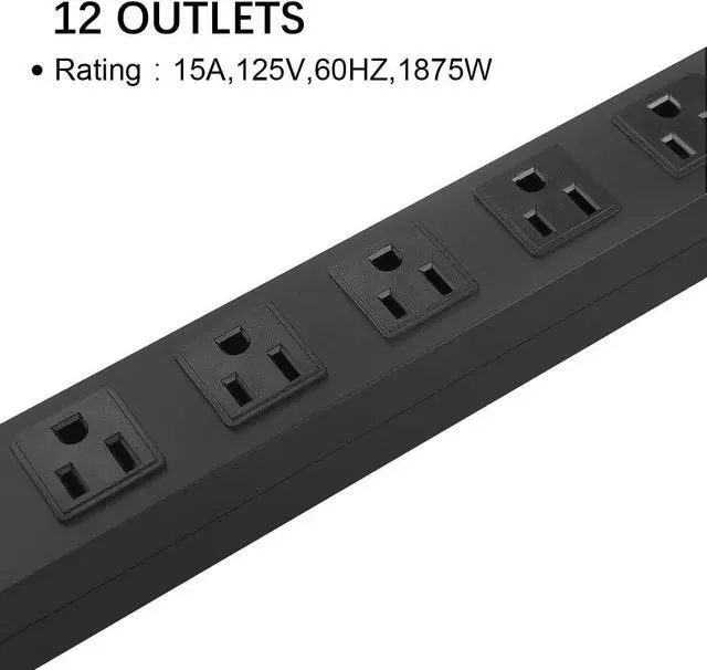 Alt view image 5 of 7 - Metal Wall Mount Power Strip, Mountable Power Outlet with 12 AC Outlets, Aluminum Alloy Mount Power Socket with Switch, 6 FT SJT 3/C 14AWG Power Cord, 15A 125V 1875W (12AC) Black
