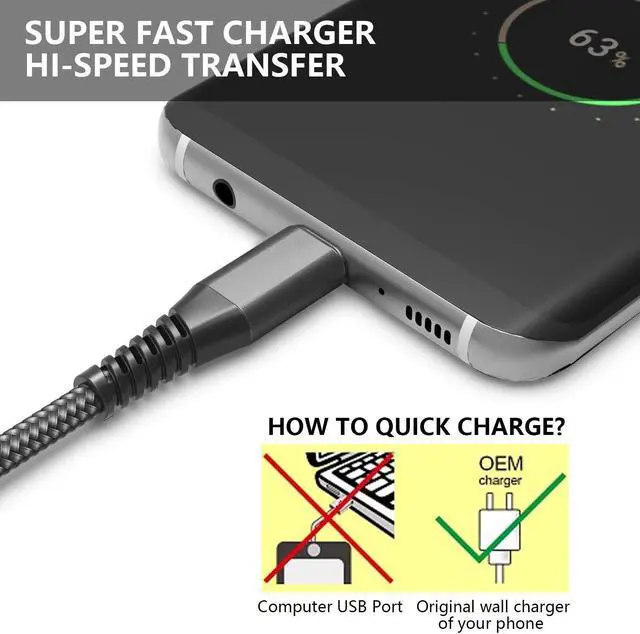 Alt view image 4 of 7 - USB C Cable A [2-Pack 6ft Black] Fast Type C Charging Cord Nylon Braided Charger Cable Compatible with Samsung Galaxy S22 S20 Fe/S10/S9/S8+/A20/A50/A70, Lg Velvet/ G8/Stylo 6, Moto G8 and More