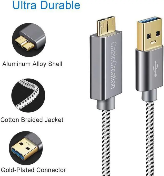 Alt view image 2 of 7 - USB 3.0 Micro Cable, Cablecreation USB 3.0 A to Micro B Cord, Compatible with External Hard Drive, HD Camera, Charging Samsung Galaxy S5, Note 3/N9000, 3.3FT / 1M, Space Gray Aluminum