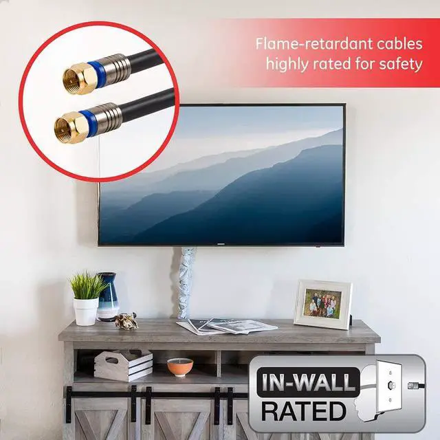 Alt view image 4 of 7 - GE RG6 Coaxial Cable, 50 ft. F-Type Connectors, Quad Shielded Coax Cable, 3 GHz Digital, In-Wall Rated, Ideal for TV Antenna, DVR, VCR, Satellite, Cable Box, Home Theater, Black, 33532