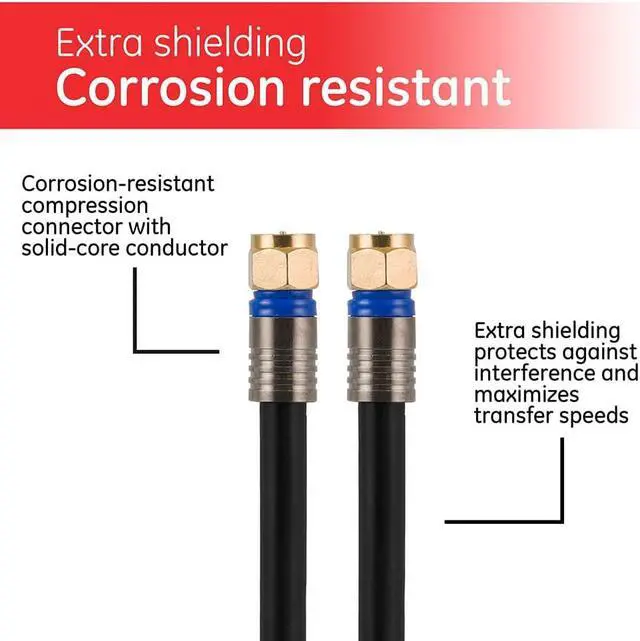 Alt view image 5 of 7 - GE RG6 Coaxial Cable, 50 ft. F-Type Connectors, Quad Shielded Coax Cable, 3 GHz Digital, In-Wall Rated, Ideal for TV Antenna, DVR, VCR, Satellite, Cable Box, Home Theater, Black, 33532