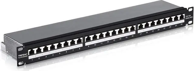 Main image of TRENDnet 24-Port Cat6A Shielded Patch Panel, 1U 19" Metal Housing, 10G Ready, Cat5e,Cat6,Cat6A Compatible, Cable Management, Color-Coded Labeling for T568A and T568B Wiring, Black, TC-P24C6AS