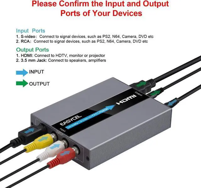 Alt view image 2 of 7 - RCA Svideo to HDMI Converter RCA Composite CVBS AV or Svideo + R/L Audio Input to HDMI Output Upscale Converter Supports 720P/ 1080P Output Switch for N64 PS2 Wii DVD
