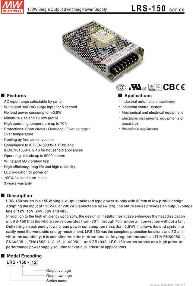 Alt view image 3 of 6 - LRS-150-24 Switching Power Supply, Single Output, 24V, 6.5A, 156W, 6.26" L x 3.82" W x 1.18" H