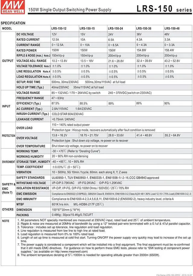 Alt view image 4 of 6 - LRS-150-24 Switching Power Supply, Single Output, 24V, 6.5A, 156W, 6.26" L x 3.82" W x 1.18" H