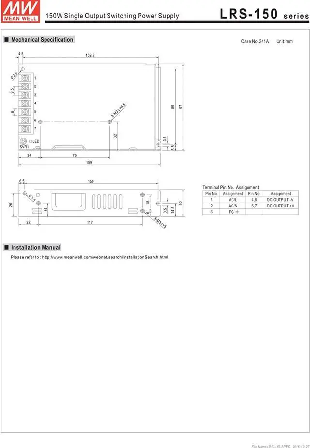 Alt view image 6 of 6 - LRS-150-24 Switching Power Supply, Single Output, 24V, 6.5A, 156W, 6.26" L x 3.82" W x 1.18" H