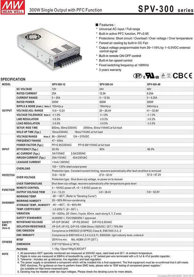 Alt view image 2 of 4 - Mean Well Original SPV-300-24 Single Output with PFC Function Power Supply 24V 12.5A 300W