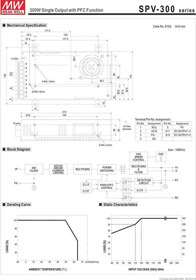 Alt view image 3 of 4 - Mean Well Original SPV-300-24 Single Output with PFC Function Power Supply 24V 12.5A 300W