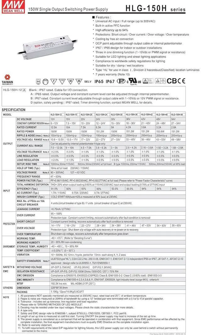 Alt view image 2 of 7 - MEAN WELL HLG-150H-24B 150 W Single Output 6.3 A 24 Vdc Output Max IP67 Switching Power Supply - 1 item(s)