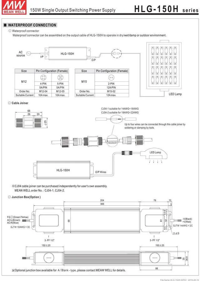 Alt view image 7 of 7 - MEAN WELL HLG-150H-24B 150 W Single Output 6.3 A 24 Vdc Output Max IP67 Switching Power Supply - 1 item(s)