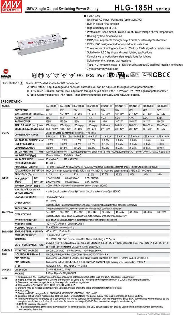 Alt view image 2 of 7 - MW Mean Well HLG-185H-42 42V 4.4A 184.8W Single Output Switching LED Power Supply with PFC