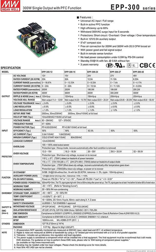 Alt view image 2 of 3 - MW Mean Well EPP-300-12 12V 25A 300W Single Output with PFC Function Power Supply