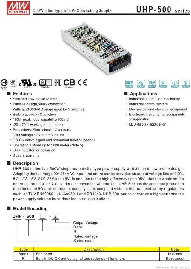 Alt view image 2 of 7 - MEAN WELL UHP-500-5 5V 80A 400W Slim Type with LED PFC Switching Supply