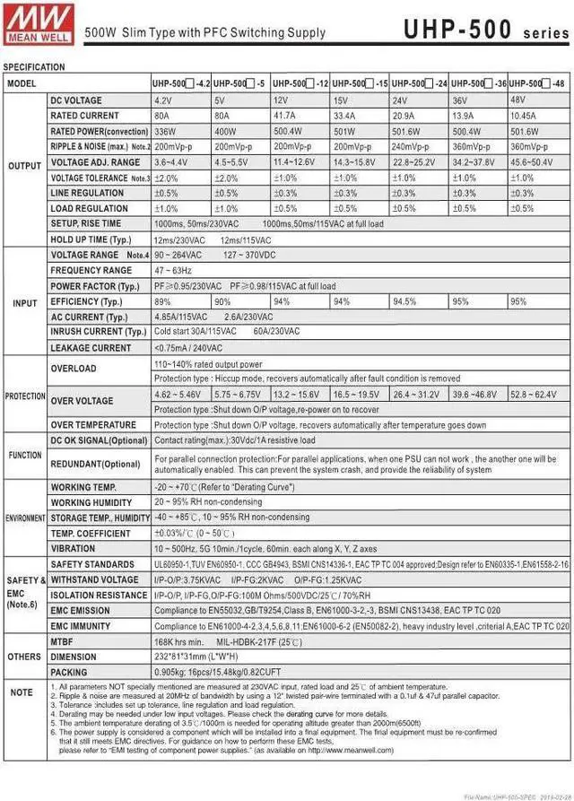 Alt view image 3 of 7 - MEAN WELL UHP-500-5 5V 80A 400W Slim Type with LED PFC Switching Supply