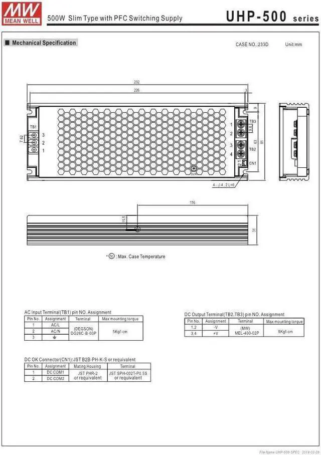 Alt view image 6 of 7 - MEAN WELL UHP-500-5 5V 80A 400W Slim Type with LED PFC Switching Supply