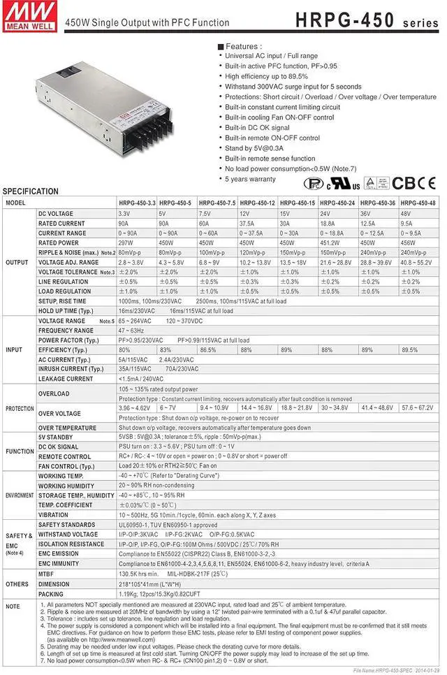 Alt view image 2 of 4 - MEAN WELL HRPG-450-48 AC Input: 100-240 Volt AC, Current: 9.5AMP, DC Single Output Enclosed Power Supply, Power Supply, Voltage: 48