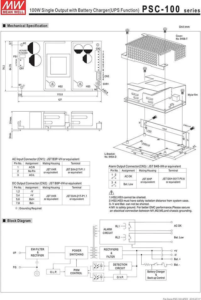 Alt view image 2 of 3 - MEAN WELL PSC-100A-C 13.8V 4.75A 2.5A 100.05W Single Output with Battery Charger (UPS Function) Security Series
