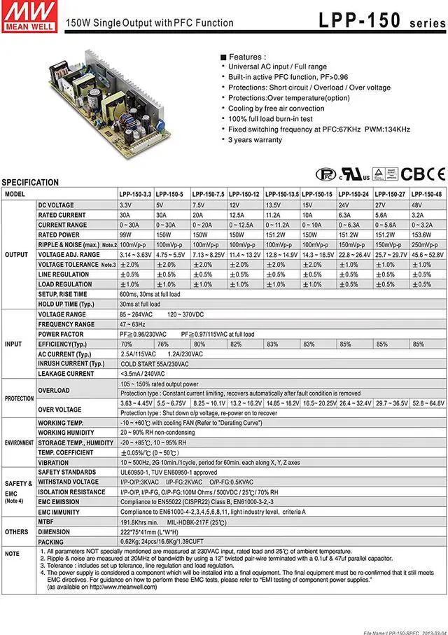 Alt view image 2 of 3 - MW Mean Well LPP-150-13.5 13.5V 11.2A 150W Single Output with PFC Function Power Supply
