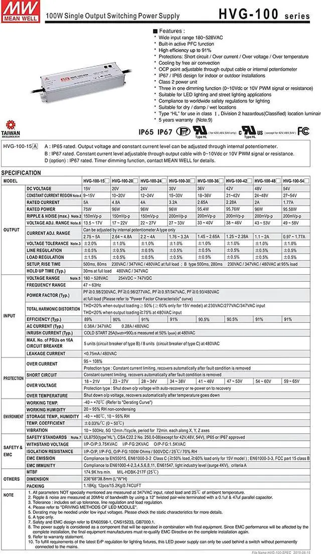 Alt view image 2 of 7 - MW Mean Well Original HVG-100-36A 36V 2.6A 95W Single Output LED Switching Power Supply