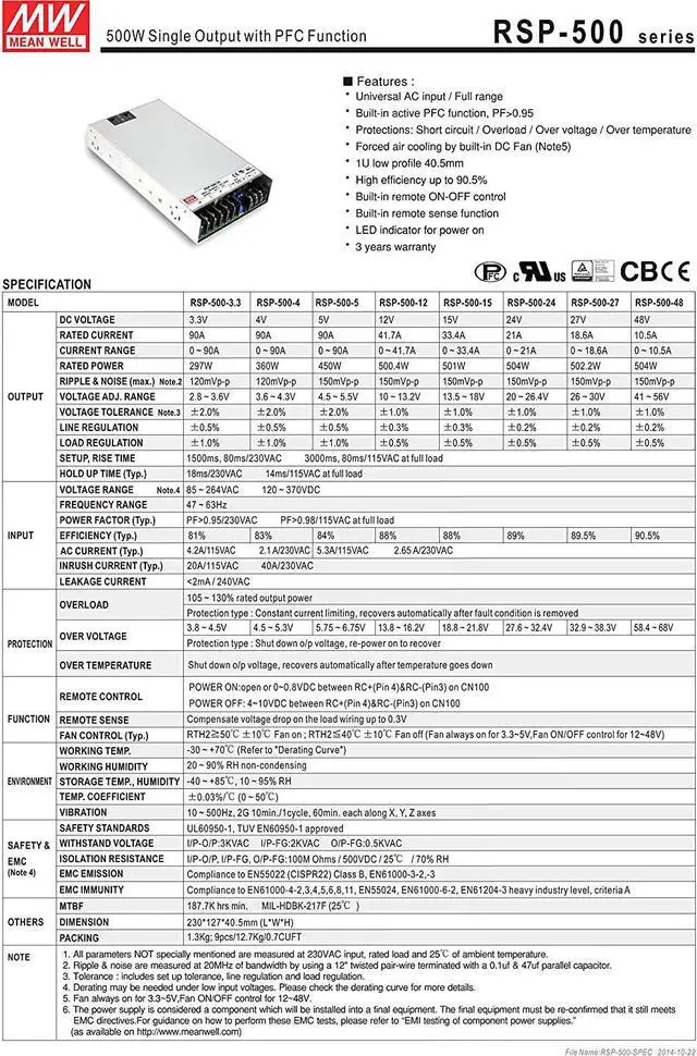 Alt view image 2 of 4 - Mean Well Original RSP-500-5 Single Output with PFC Function Power Supply 5V 90A 450W