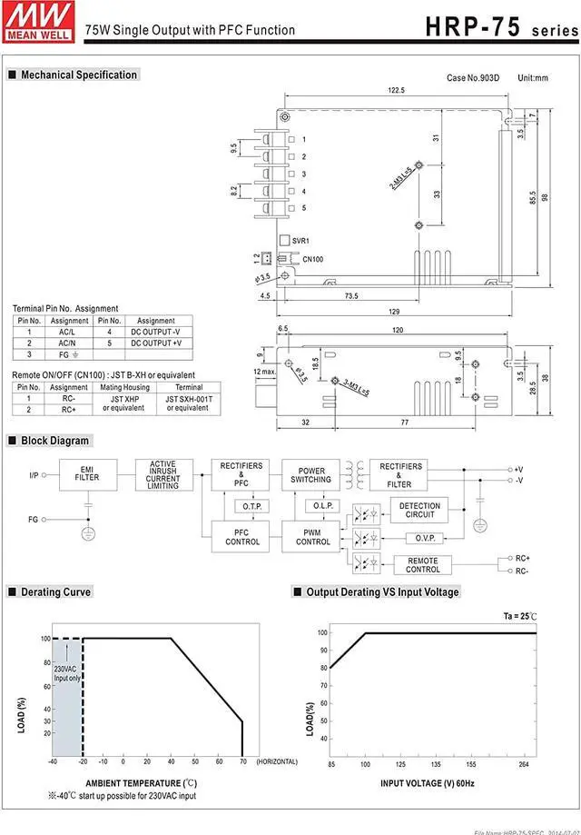Alt view image 2 of 2 - Mean Well Original HRP-75-12 1 Single Output with PFC Function Power Supply 2V 6.3A 75W