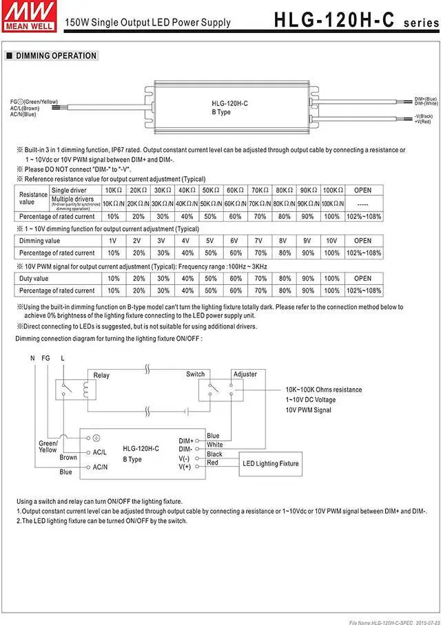 Alt view image 5 of 6 - MEAN WELL HLG-120H-C350B 120 W Single Output 350 mA 430 Vdc Output Max IP67 Switching Power Supply - 1 item(s)