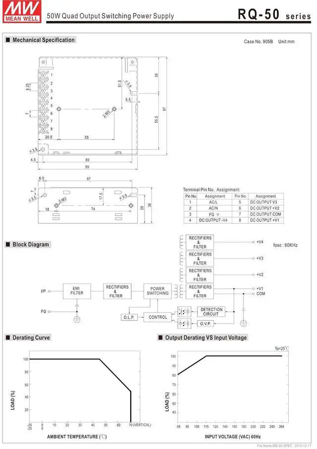 Alt view image 3 of 3 - Mean Well RQ-50B Enclosed Switching AC-to-DC Power Supply, Quad Output, 45.5W, 1.4" H x 3.8" W x 3.9" L