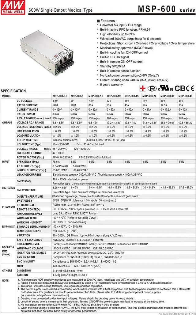 Alt view image 2 of 5 - MEAN WELL MW MSP-600-12 12V 53A Enclosed-PFC Medical Power Supplies