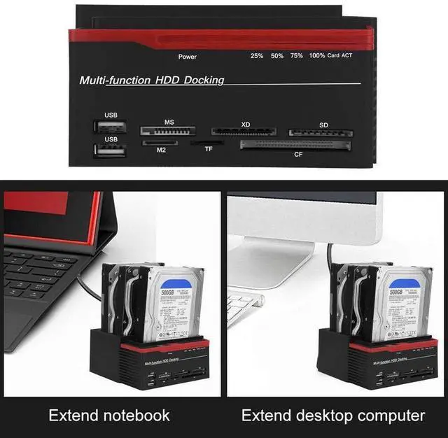 Alt view image 3 of 7 - WAGA Hard Drive Docking Station,Hard Disk Drive HDD Docking Station for 2.5 3.5 inch IDE SSD SATAI/II (1.5G/3.0G),USB 2.0 to SATA IDE Dual Slots HDD Reader with Card Reader 2 Port USB 2.0 Hub