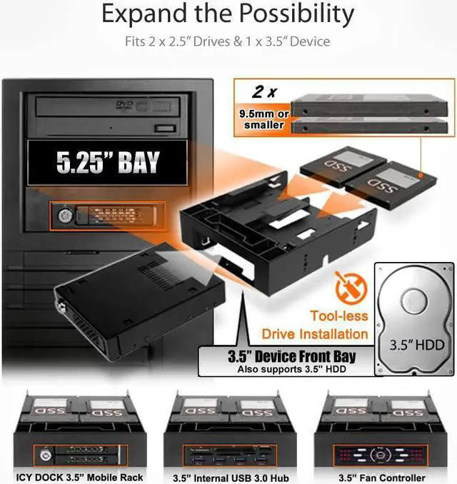 Alt view image 5 of 7 - Dual 2.5 HDD/SSD & One 3.5 HDD/Device Front Bay to External 5.25 Bay SSD Mounting Bracket | Flex-FIT Trio MB343SP